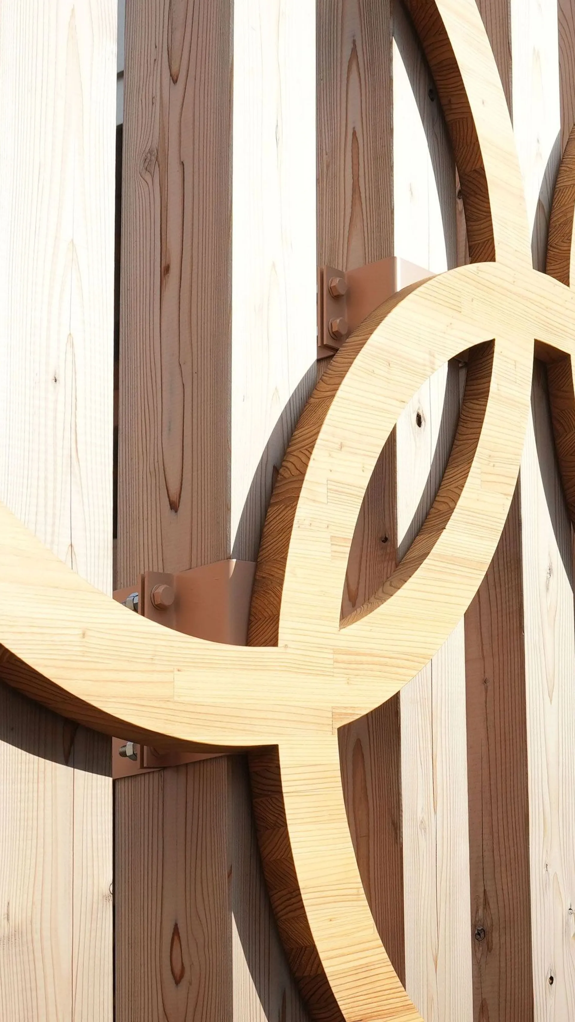 Na leseni steni so prikazani olimpijski krogi iz svetlega lesa.