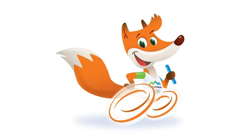 Risani lisjak Foksi v belih športnih oblačilih z napisom "Slovenija" teče in drži modro palico.