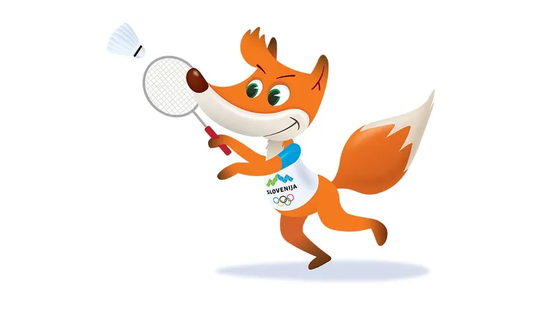 Rjav lisjak z raketo igra badminton in nosi majico z napisom "SLOVENIJA" ter olimpijskimi simboli.