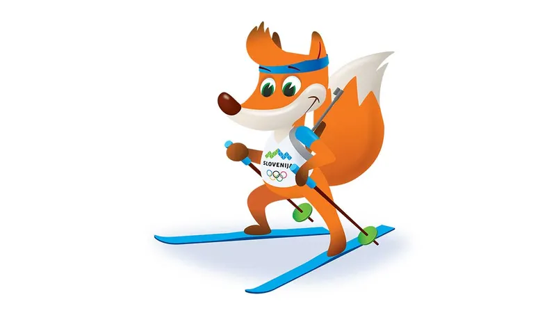 Risba oranga lisice, oblečena v majico z napisom "SLOVENIJA", smuča z palicami.