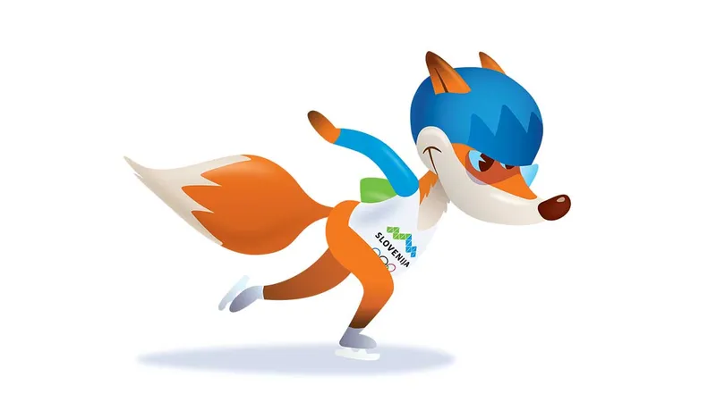 Risani lisjak v modri čeladi in majici z napisom "SLOVENIJA" drsi na ledu.