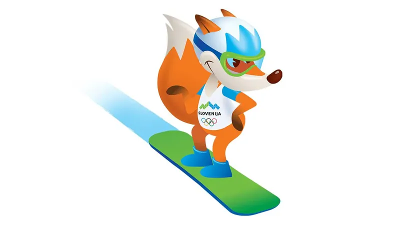 Risba orja, ki nosi očala in čelado, stoji na deski za snowboard z napisom "SLOVENIJA" in olimpijskimi krogi.
