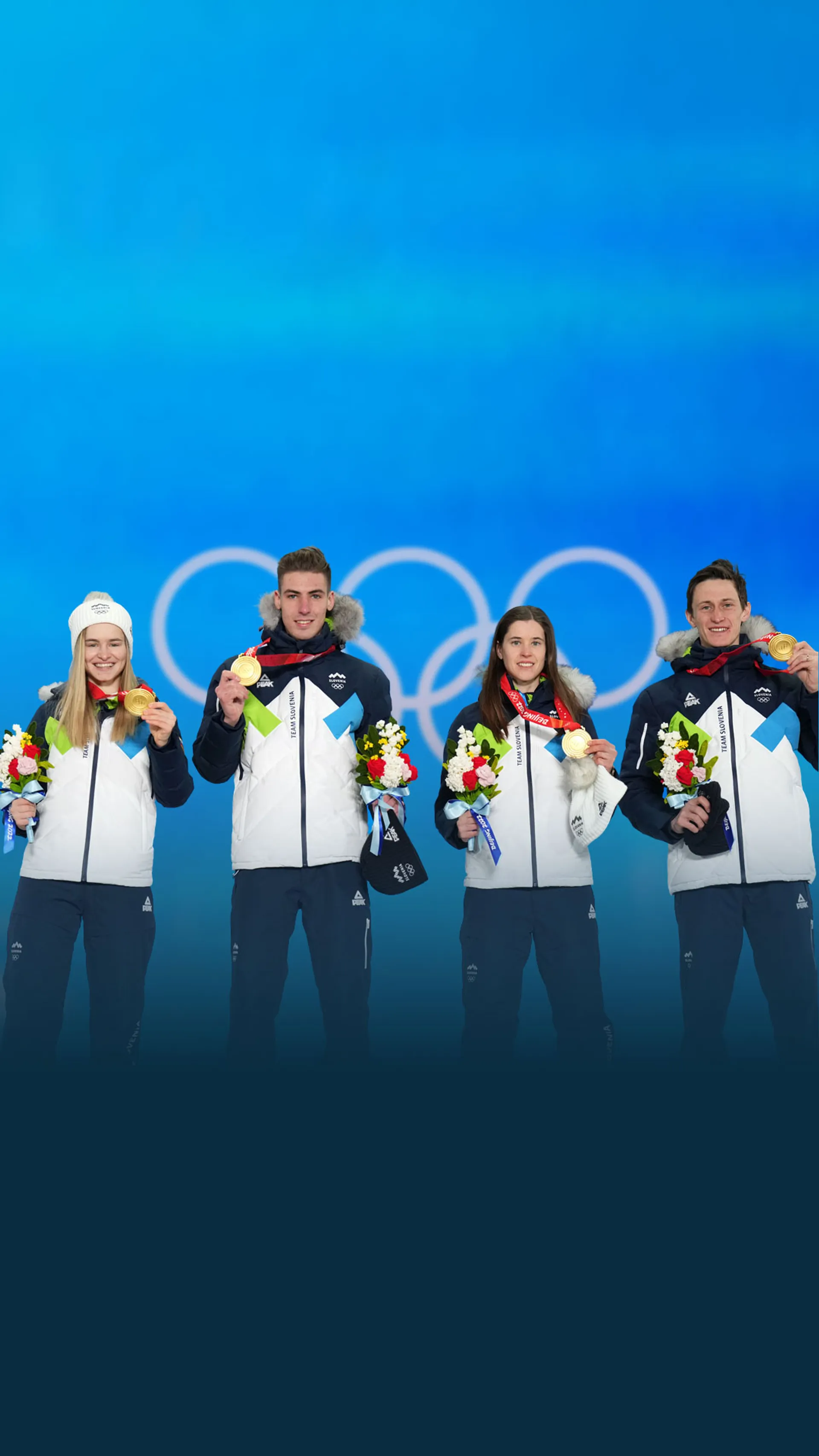 Mešana skakalna ekipa Slovenije – Urša Bogataj, Nika Križnar, Peter Prevc in Timi Zajc – v disciplini mešana ekipna tekma na normalni skakalnici v smučarskih skokih